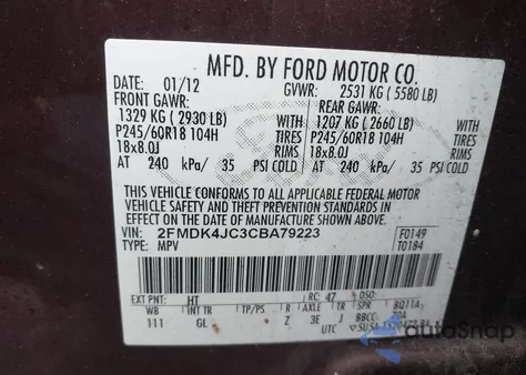 2012 Ford Edge Sel из США, поврежденный, VIN 2FMDK4JC3CBA79223